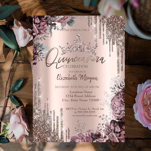 Invitation Chic Cool Glitter Crown Drop Dark Roses