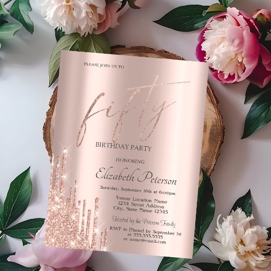 Invitation Chic Cool Rose Gold Parties scintillant Drips 50e 