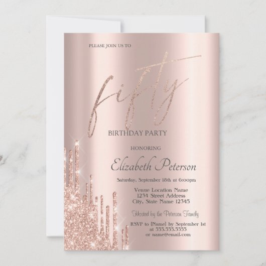 Invitation Chic Cool Rose Gold Parties scintillant Drips 50e (Devant)