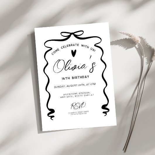Invitation Chic coquette Black Bow 16th Birthday Party