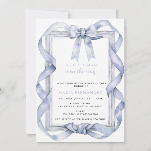 Invitation Chic Coquette Blue Bow Baby shower (Devant)