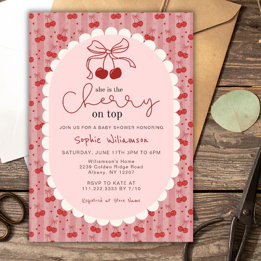 Invitation Chic Coquette Bow Cherry On Top Girl Baby Shower 