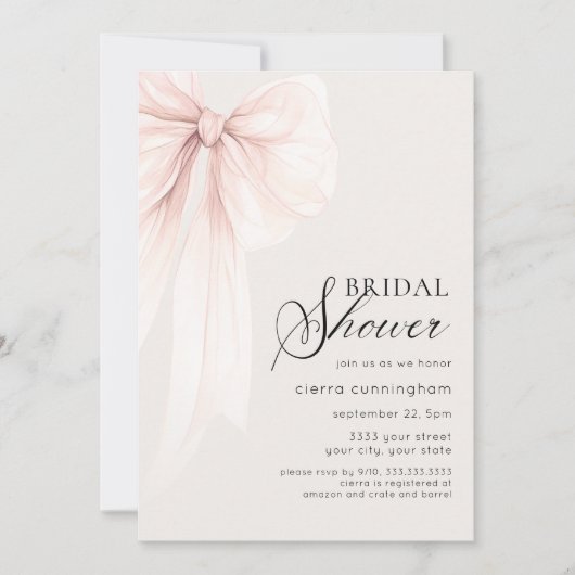 Invitation Chic Coquette Bow Fête des mariées (Devant)