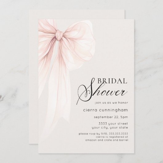 Invitation Chic Coquette Bow Fête des mariées (Devant / Derrière)