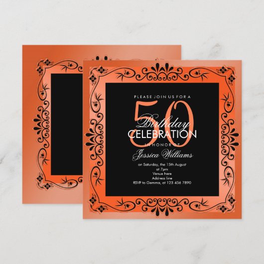 Invitation Chic Coral Décoratif encadré 50e anniversaire (Devant / Derrière)