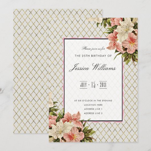 Invitation Chic Corner Lis & Diamants Dorés 25e Anniversaire (Devant / Derrière)