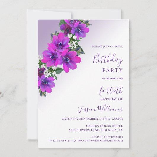 Invitation Chic Corner Purple Floral Décor Anniversaire (Devant)