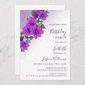 Invitation Chic Corner Purple Floral Décor Anniversaire (Devant / Derrière)