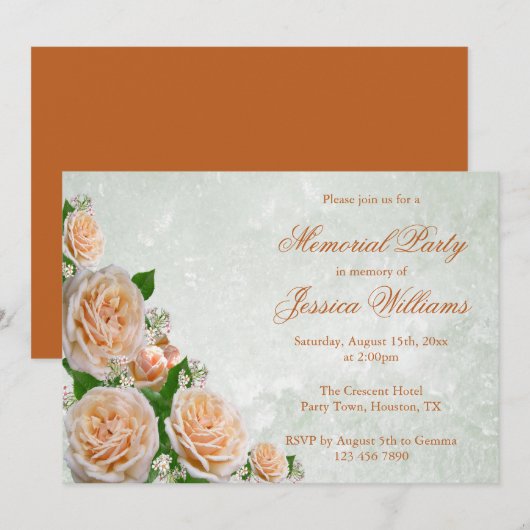 Invitation Chic Corner Rose Flower Bouquet Memorial Party (Devant / Derrière)