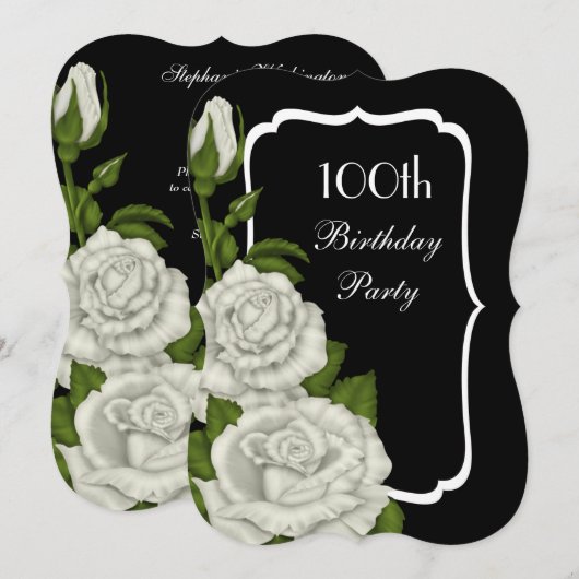 Invitation Chic Corner Roses Blanches 100e Anniversaire (Devant / Derrière)