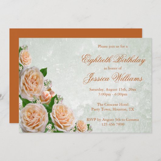 Invitation Chic Corner Roses Flower Bouquet Woman's Birthday (Devant / Derrière)