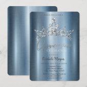 Invitation Chic Couronne bleu métallique Quinceañera (Devant / Derrière)