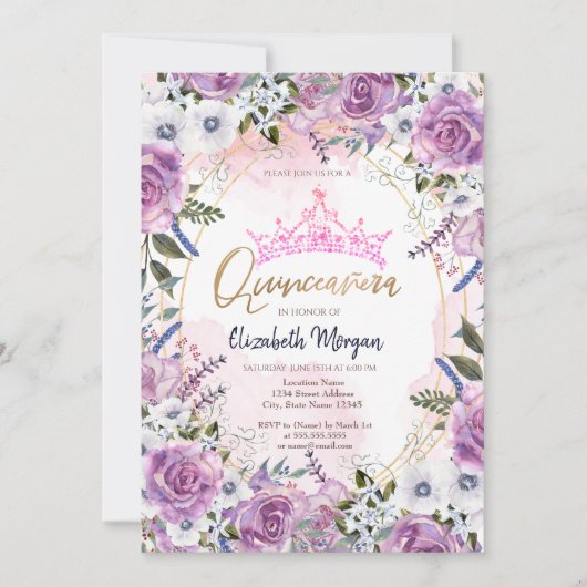 Invitation Chic Couronne Violet Fleurs Quinceanera (Devant)