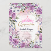 Invitation Chic Couronne Violet Fleurs Quinceanera (Devant / Derrière)