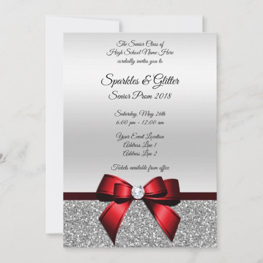 Invitation Chic Cranberry Bow & Silver Parties scintillant Pr (Devant)
