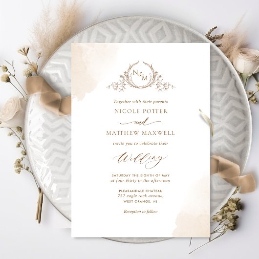 Invitation Chic crème beige Aquarelle Mariage Monogramme