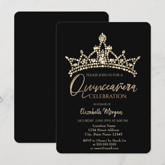 Invitation Chic Crown Confetti Black Quinceañera (Devant / Derrière)