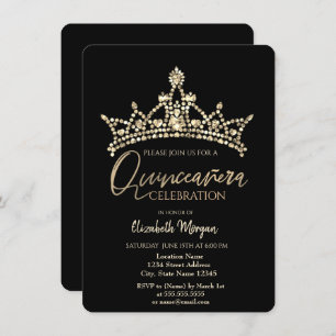 Invitation Chic Crown Confetti Black Quinceañera
