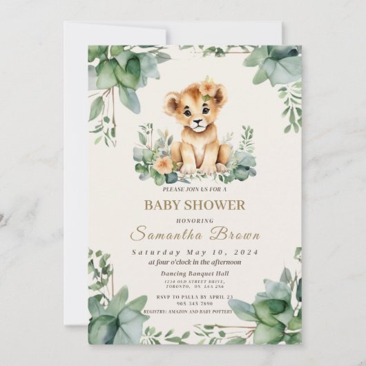 Invitation Chic Cute Lioness Cub & Greenery Girl Baby Shover (Devant)
