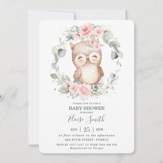 Invitation Chic Cute Owl Rose Floral Baby shower (Devant)