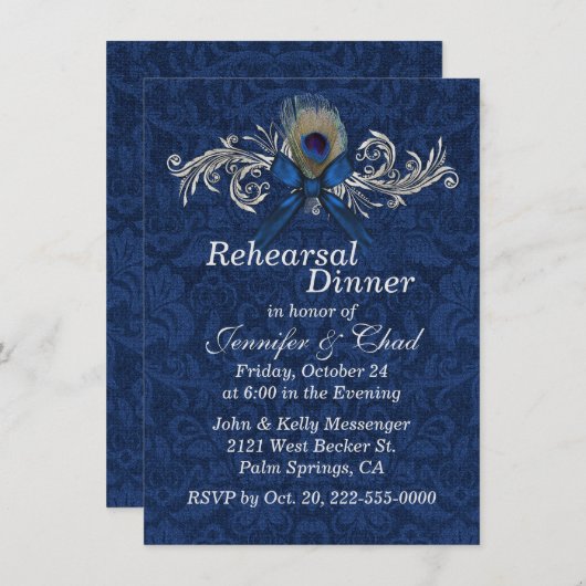 Invitation Chic Damask et Peacock Feather Mariage Rehears (Devant / Derrière)