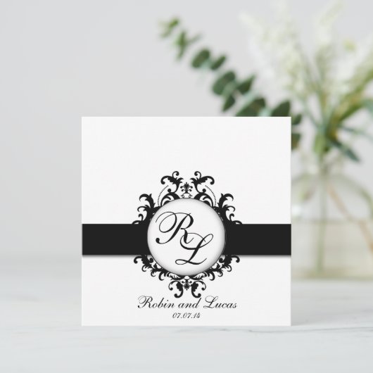 Invitation Chic Damask Monogrammes Mariage mariée (Debout devant)
