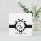 Invitation Chic Damask Monograms Mariage Invite Black White (Debout devant)