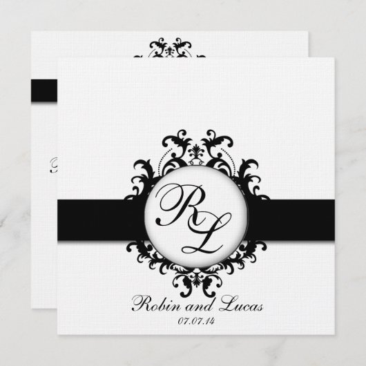 Invitation Chic Damask Monograms Mariage Invite Black White (Devant / Derrière)