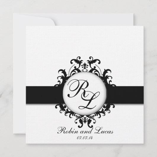 Invitation Chic Damask Monograms Mariage Invite Black White (Devant)