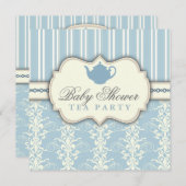 Invitation Chic Damask & Stripe Baby shower Tea In (Devant / Derrière)