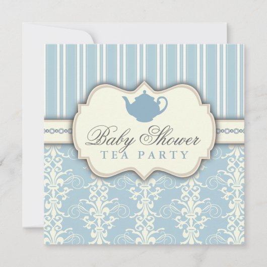 Invitation Chic Damask & Stripe Baby shower Tea In (Devant)