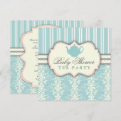 Invitation Chic Damask & Stripe Baby shower Tea In (Devant / Derrière)