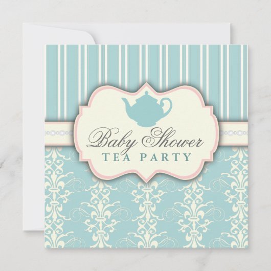 Invitation Chic Damask & Stripe Baby shower Tea In (Devant)