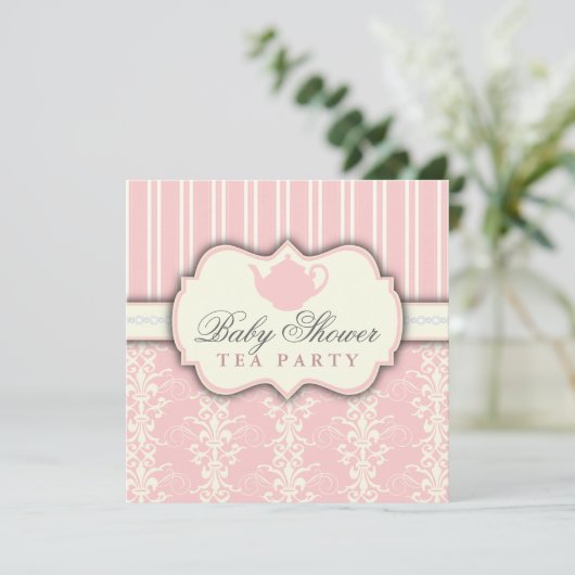 Invitation Chic Damask & Stripe Baby shower Tea In (Debout devant)