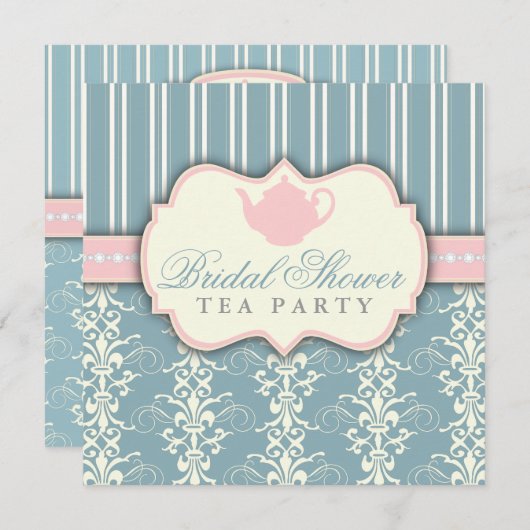 Invitation Chic Damask & Stripe Fête de l'mariée T (Devant / Derrière)
