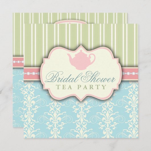 Invitation Chic Damask & Stripe Fête de l'mariée T (Devant / Derrière)