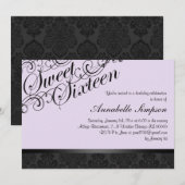 Invitation Chic Damask Violet & Noir pour Sweet16 (Devant / Derrière)