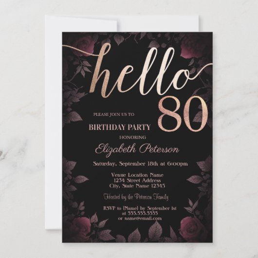 Invitation Chic Dark Bourgogne Rose Noir 80e anniversaire (Devant)