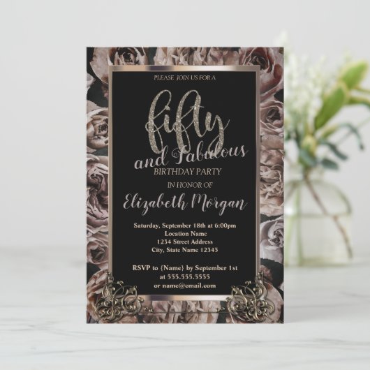 Invitation Chic Dark Rose Frame 50e fête d'anniversaire (Debout devant)