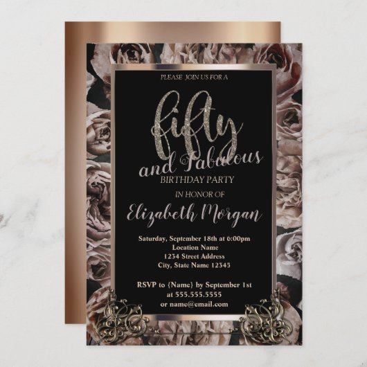 Invitation Chic Dark Rose Frame 50e fête d'anniversaire (Devant / Derrière)