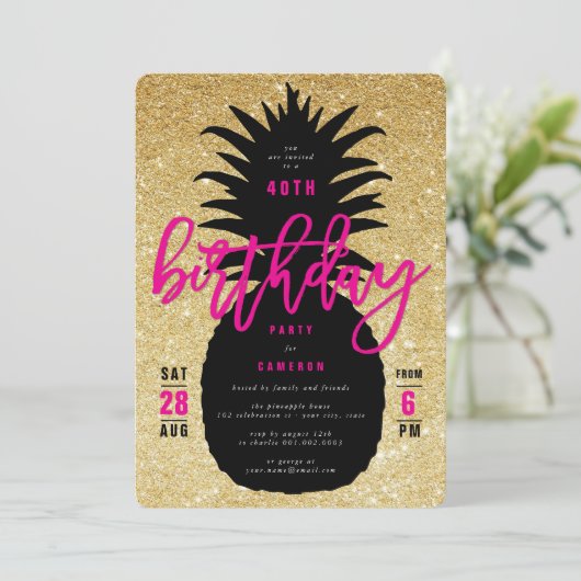 Invitation chic de fête d'anniversaire d'ananas de (Debout devant)
