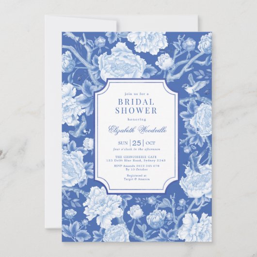 Invitation Chic Delft Blue Chinoiserie Floral Fête des mariée (Devant)