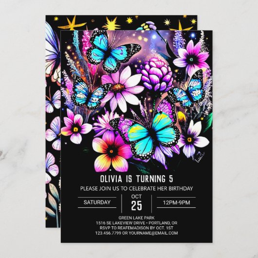Invitation Chic Delicate Mystical Butterfly Anniversaire (Devant / Derrière)