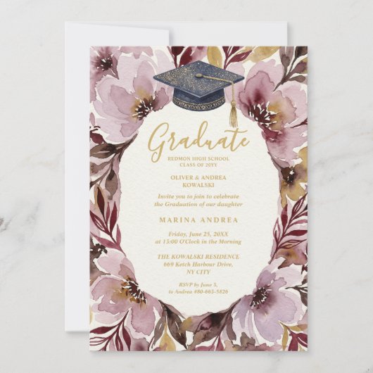 Invitation Chic Delicate Pink Floral Wreath Graduation Cap (Devant)