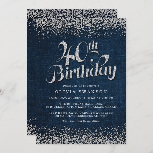 Invitation Chic Denim & Diamonds 40e anniversaire (Devant / Derrière)