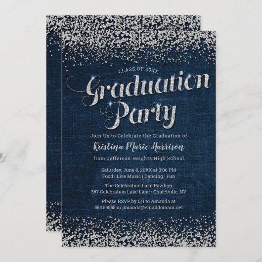 Invitation Chic Denim et Diamonds Graduation Party (Devant / Derrière)