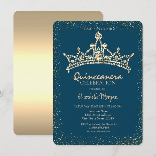 Invitation Chic Diamants Or Couronne Bleu Quinceañera (Devant / Derrière)