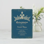 Invitation Chic Diamants Or Couronne Bleu Quinceañera (Debout devant)