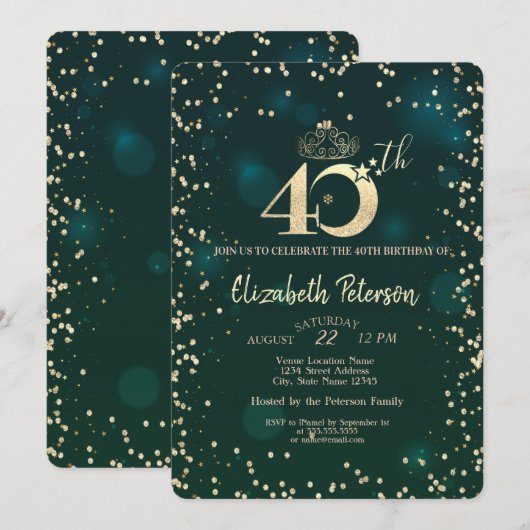Invitation Chic Diamants Or Vert 40e Fête d'Anniversaire (Devant / Derrière)