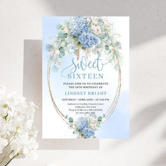 Invitation Chic Digital Blue Floral Eucalyptus Gold Sweet 16